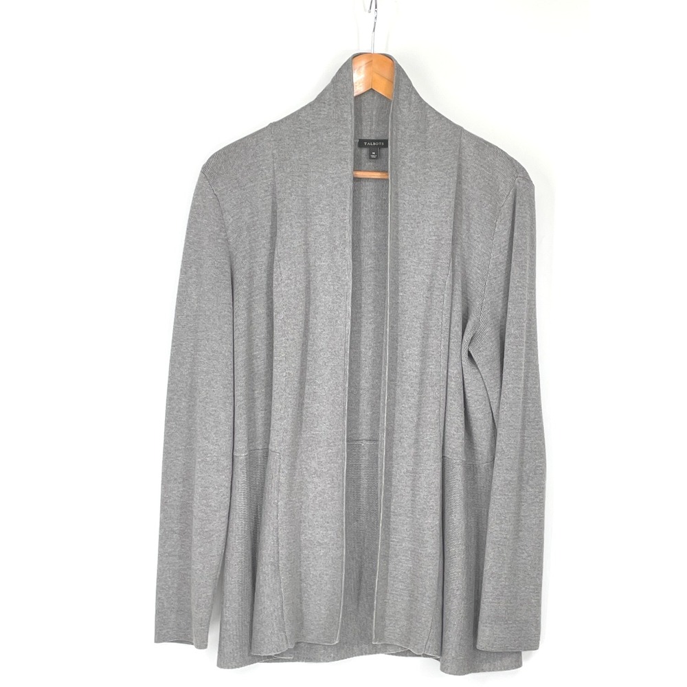 Talbots Women‎ Cardigan M Open Front Grey Mixed Knit Kick Pleat Sweater